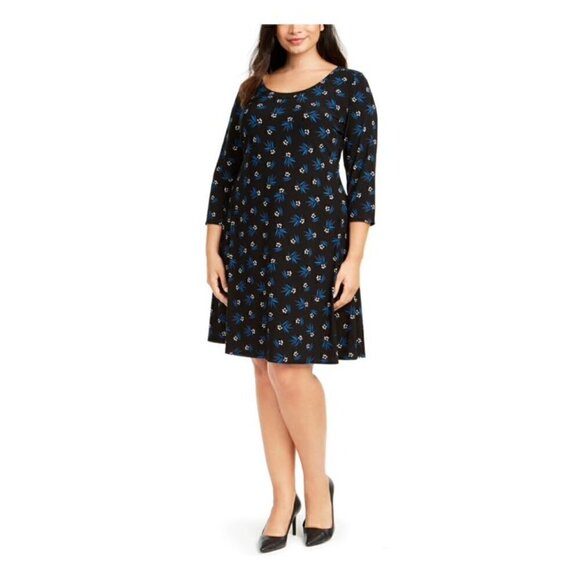 Anne Klein Woman Black Spruce Floral 3/4 Sleeve Fit & Flare Dress - Picture 1 of 6